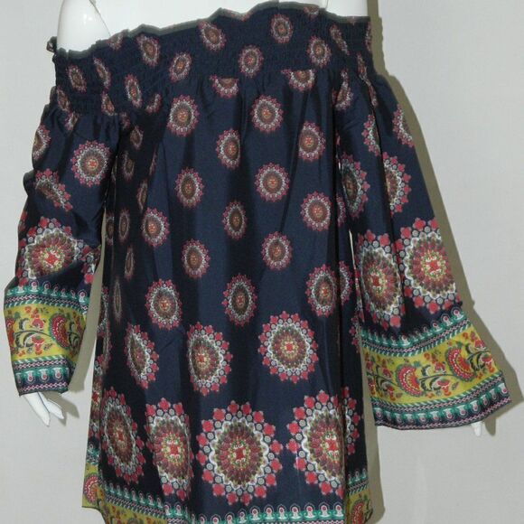 Band of Gypsies Zoe & Rose Dress Blue Floral Off The Shoulder‎ Bell Sleeves Mini - Picture 6 of 16